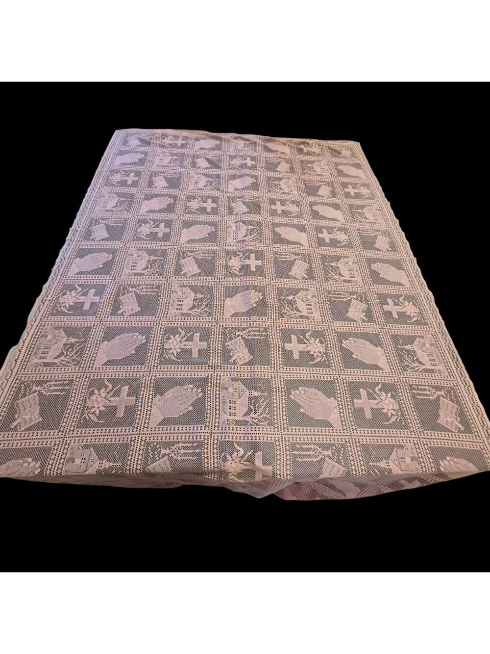 Pink Lace Religious Christian Tablecloth Praying Hands Cross Church 100" X 60"